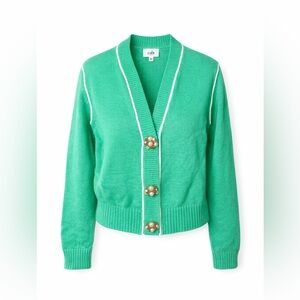 Cabi Wallis Jewel Button Cardigan Green Pearl Rhinestone Trim Sweater- Medium